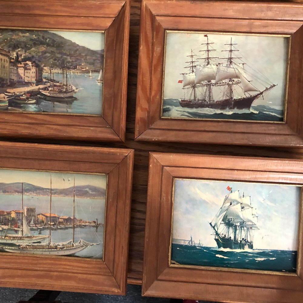 4 Vintage lithography prints lake boats ships vintage wood frame wall decors